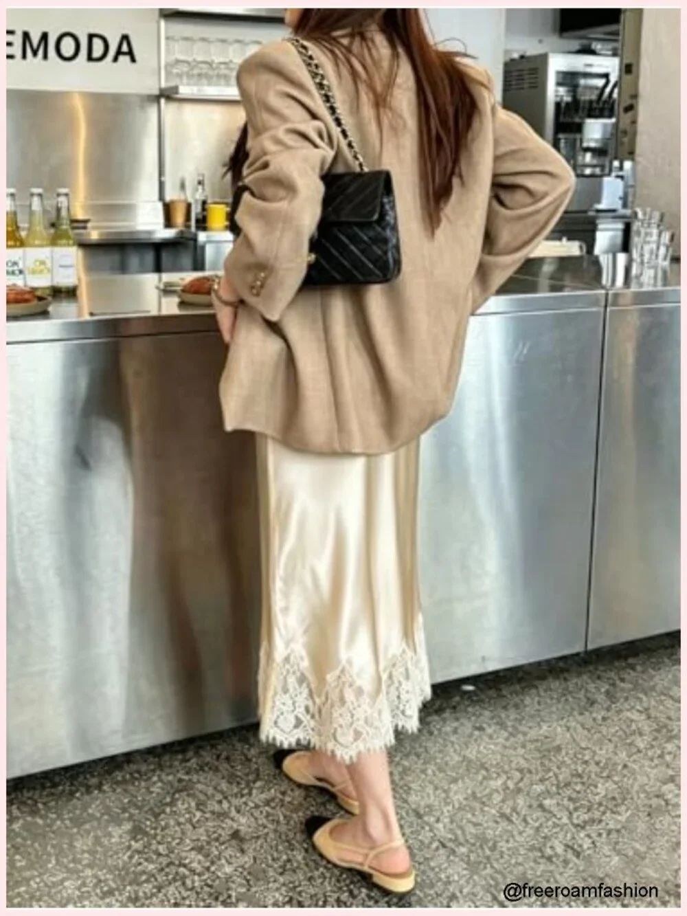 High Waist Satin Midi Skirt with Lace Trim Flowy A-Line